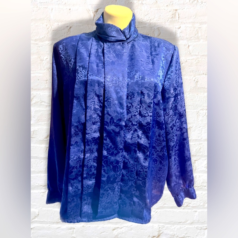 Blue Jaquard Vintage Mock Neck Blouse (12)